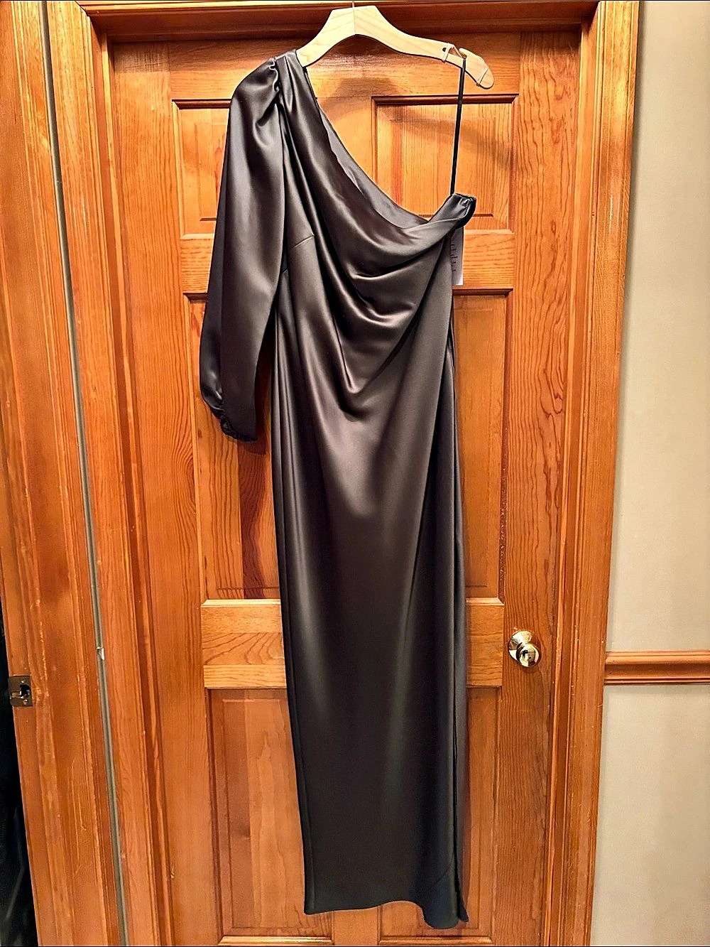Social Bridesmaid Luxe Charmeuse One Shoulder Maxi Dress in Olive Size Large NWT